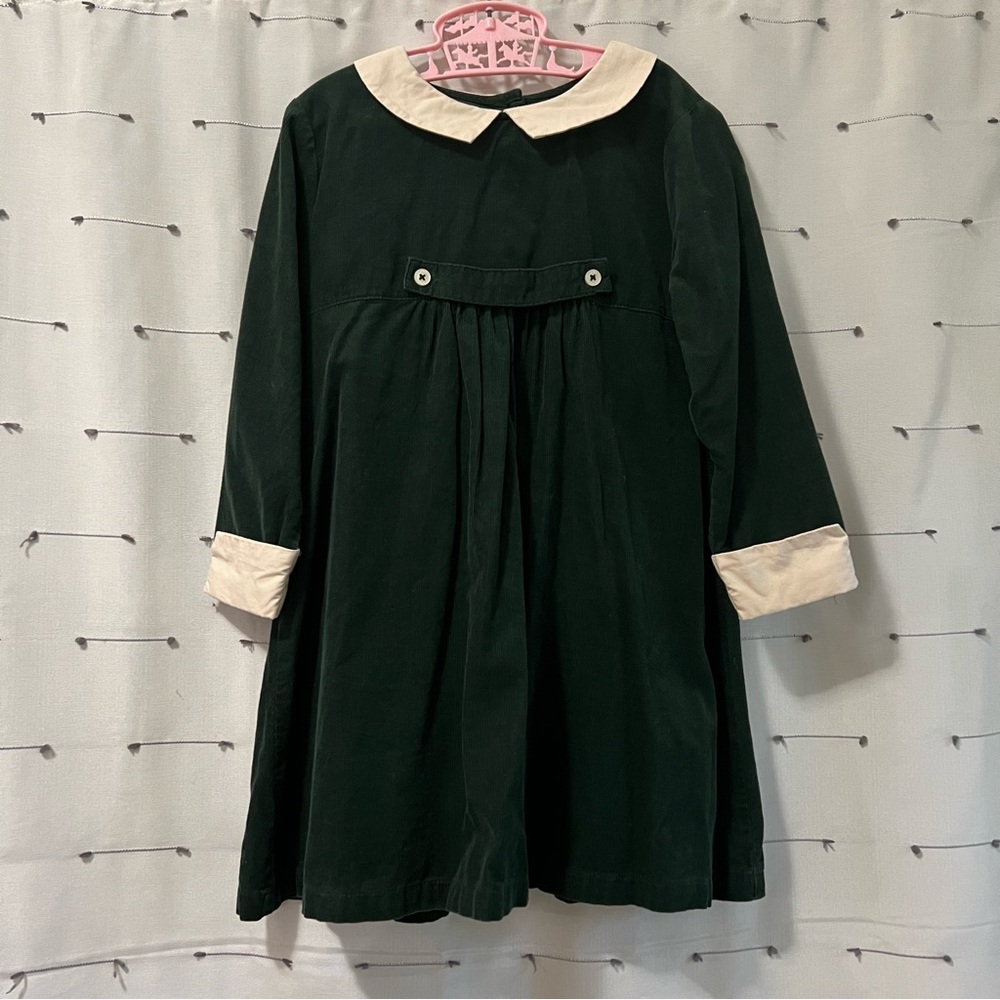 Olive Juice forest green corduroy Peter Pan collar button back winter dress 5